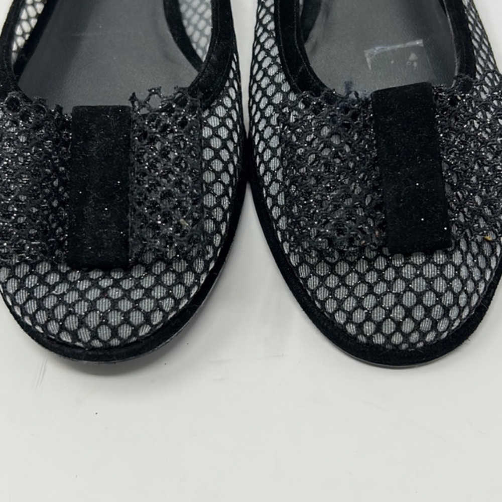 Stuart Weizmann d’Orsay Black Sparkly Silver Tone Mesh Bow Flats Size 7.5 Narrow